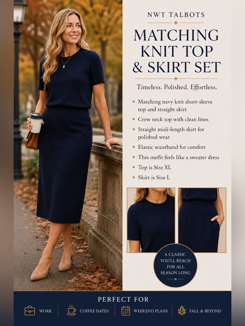 NWT Talbots Navy Knit Top and Skirt Set Size XL and L